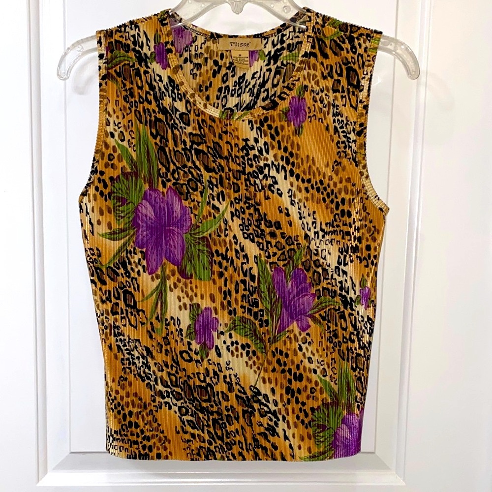 Leopard Print Pleated Tank Top with Purple Floral Accents